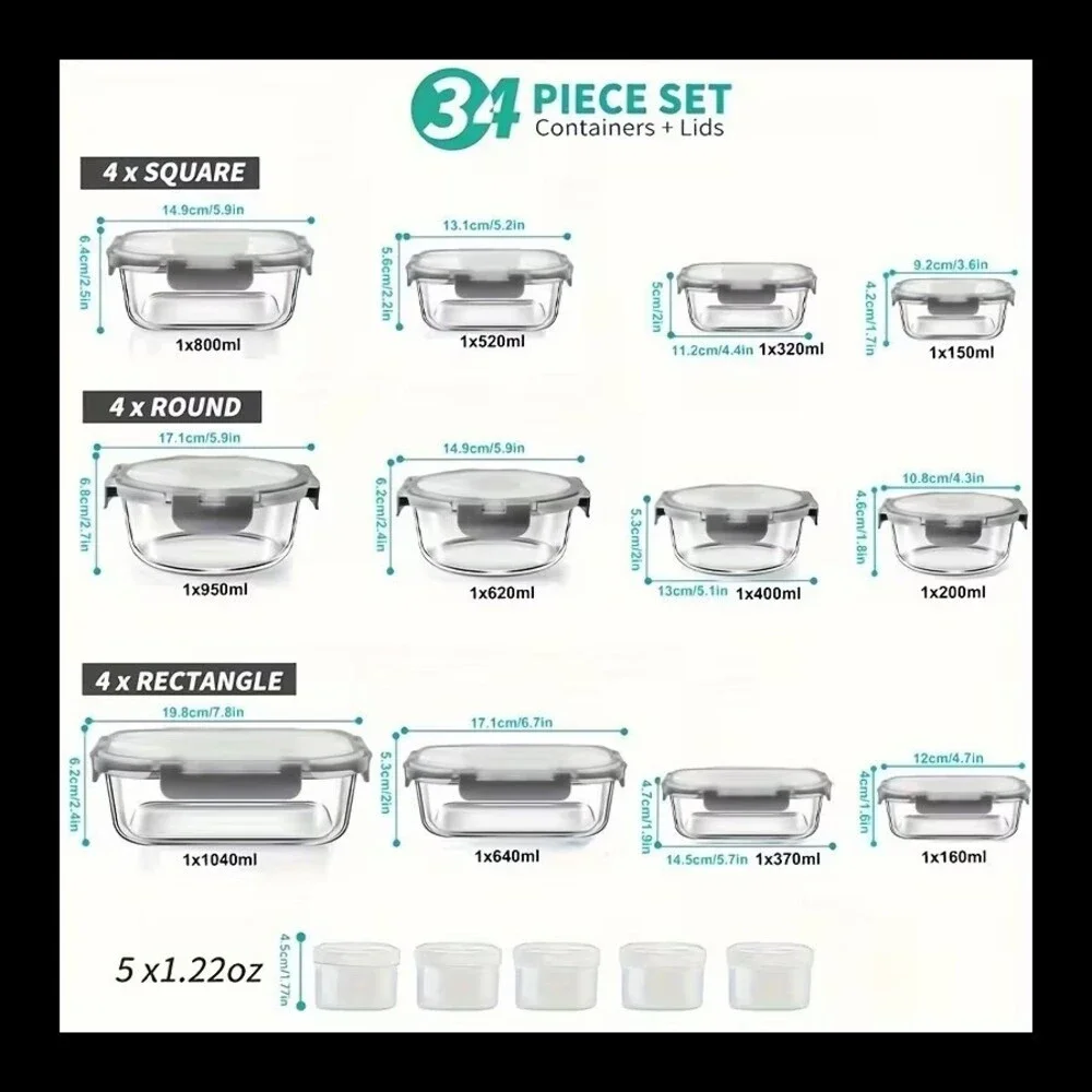 34 Pc Glass Food Storage Containers with Lids